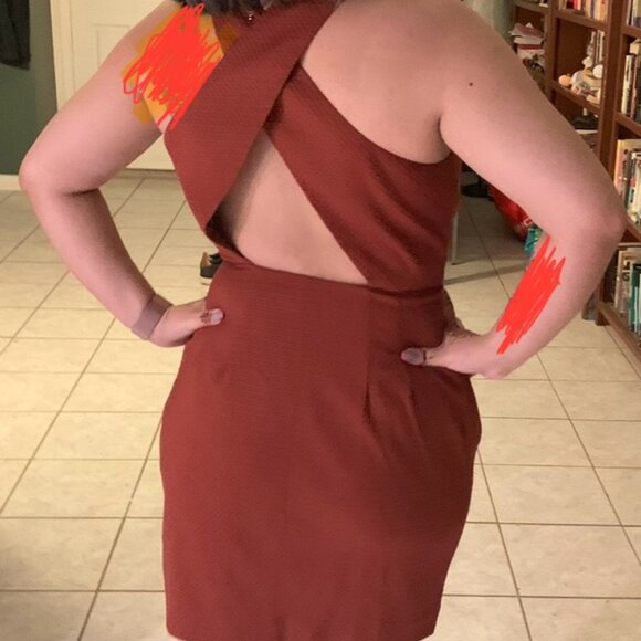 F21 Burnt Orange-Red Sleeveless Houndstooth Dress with Cross Back Detail - Picture 1 of 7